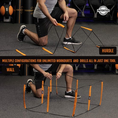 ALPHAWORX All-in-One Agility Ladder Agility Training Equipment Foldable Instant Set-up Tangle-Free Design 8+4 Rung Speed Ladder Workout Ladder with 12 Soccer Cones & 3 Resistance Band & 1 Storage Bag