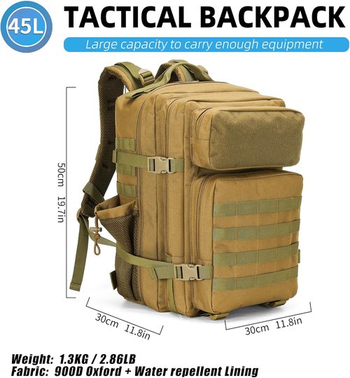 Gracedon Tactical Backpack - 45L Military Molle Assault Rucksack for Men & Women | Khaki Color