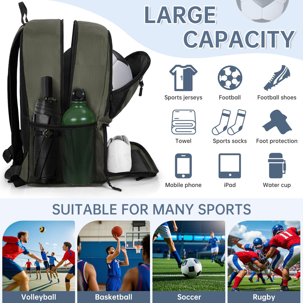 GMAK Soccer Backpack, Soccer Bag with Ball Compartment & Shoe Compartment for Football, Basketball, Volleyball, Water resistant Sport Equipment Bags, Lightweight Training Package for Youth, Grey