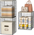 Skiennix Closet Organizers - Set of 3 Stackable Wire Storage Bins with Wood Top | Sturdy Metal Design in Black