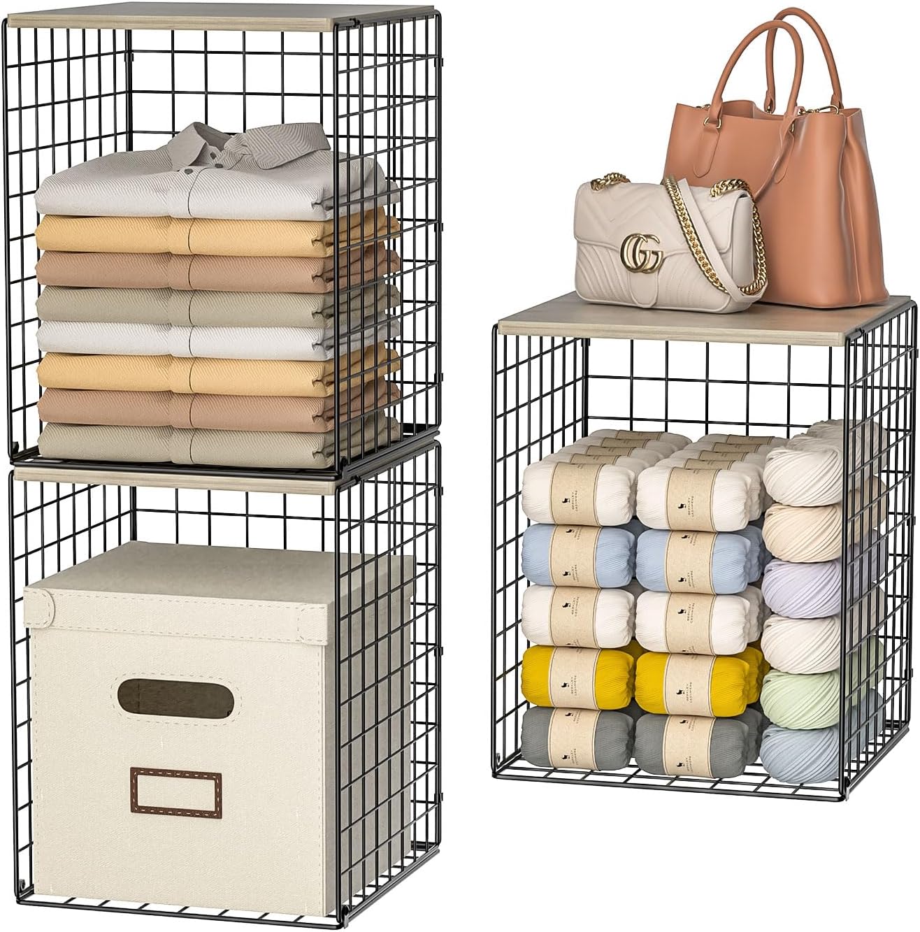 Skiennix Closet Organizers - Set of 3 Stackable Wire Storage Bins with Wood Top | Sturdy Metal Design in Black