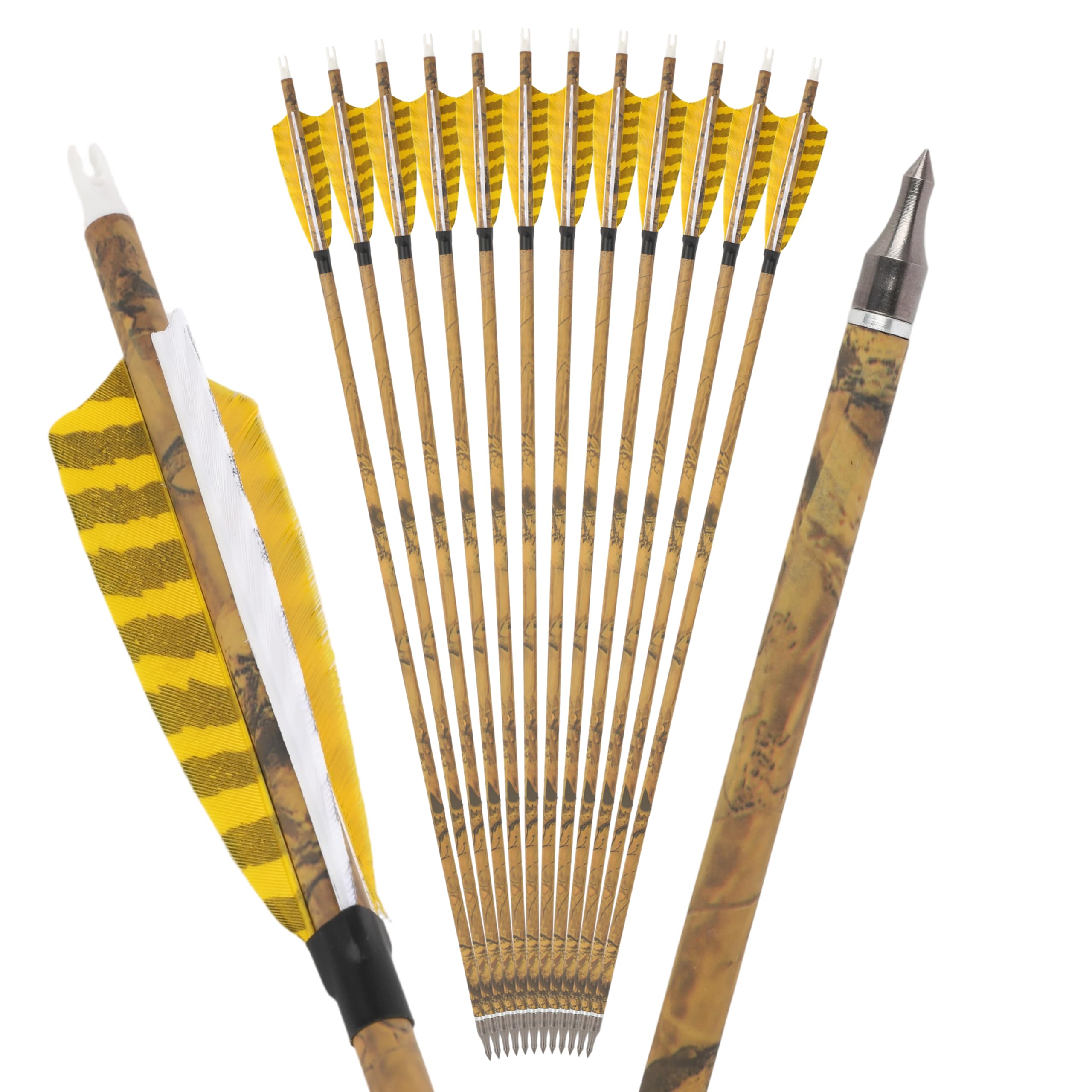 ZSHJGJR 30” Carbon Arrows Hunting Arrows with 4” Turkey Feather Removable Tips Archery Targeting Practice Arrows 500 Spine for Compound & Recurve & Traditional Bow 6/12pcs (12, Yellow & White)