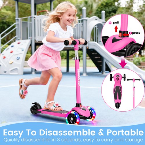 Multicolor Kids Scooter for Ages 3-12, 3 Wheel Lean to Steer Scooter with LED Light-Up Wheels, Adjustable Handlebar, Detachable Easy Storage for Boys & Girls,Pink