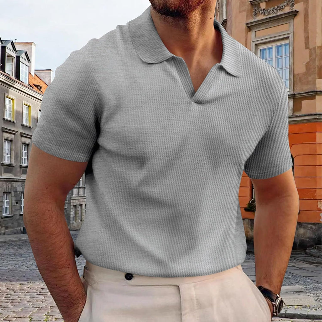Skiennix Men's Knitted Polo Shirt - Striped Collared Stretch Top for Summer Casual Wear