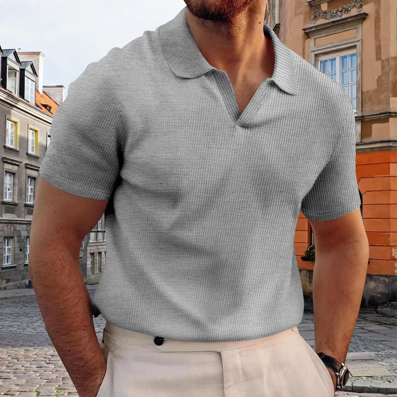 Skiennix Men's Knitted Polo Shirt - Striped Collared Stretch Top for Summer Casual Wear