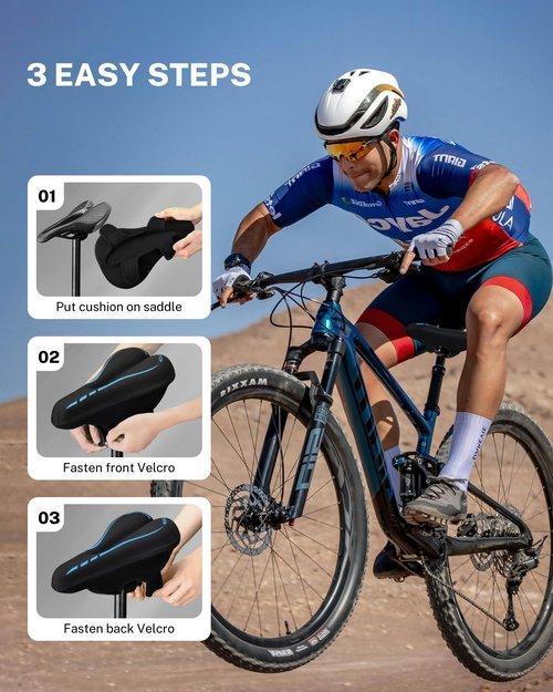 MEENCOOL Bike Seat Cushion - Gel Padded Bike Seat Cover for Men Women Comfort, Adjustable Velcro Secure Bicycle Seat Cushion Compatible with Peloton, Indoor & Outdoor Bicycle Seat(11"x7"，Blue)