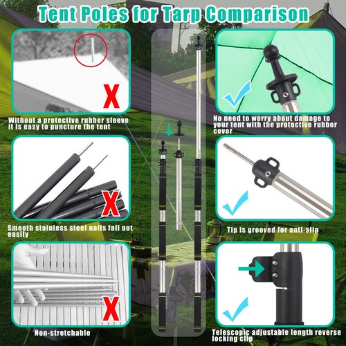 Frebuta Tarp Poles,Tent Poles Set of 2 2ft to 9.5ft Replacement Canopy Poles Heavy Duty Telescoping Tent Poles for Tarp Outdoor Camping Awning Poles Adjustable Sturdy Durable Shade Cloth Poles