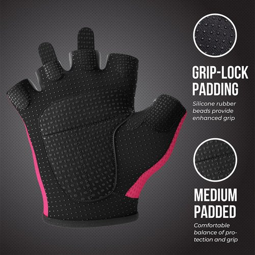 5307 Womens Designer Workout Gloves | Low Sweat Diamond Mesh Fabric w/ Grip-Lock™ Silicone Palm (Pink, Large)