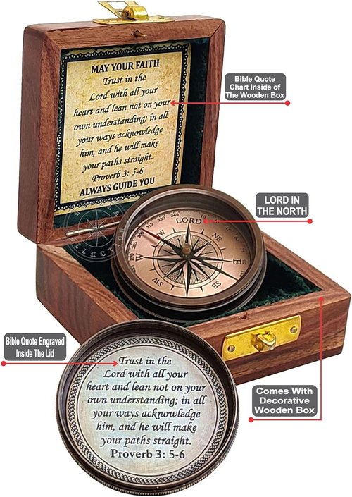 Engraved Compass by Trust in The Lord | Proverbs 3:5-6 Quote with Wooden Box & Greeting Card - Perfect Graduation Gift for All