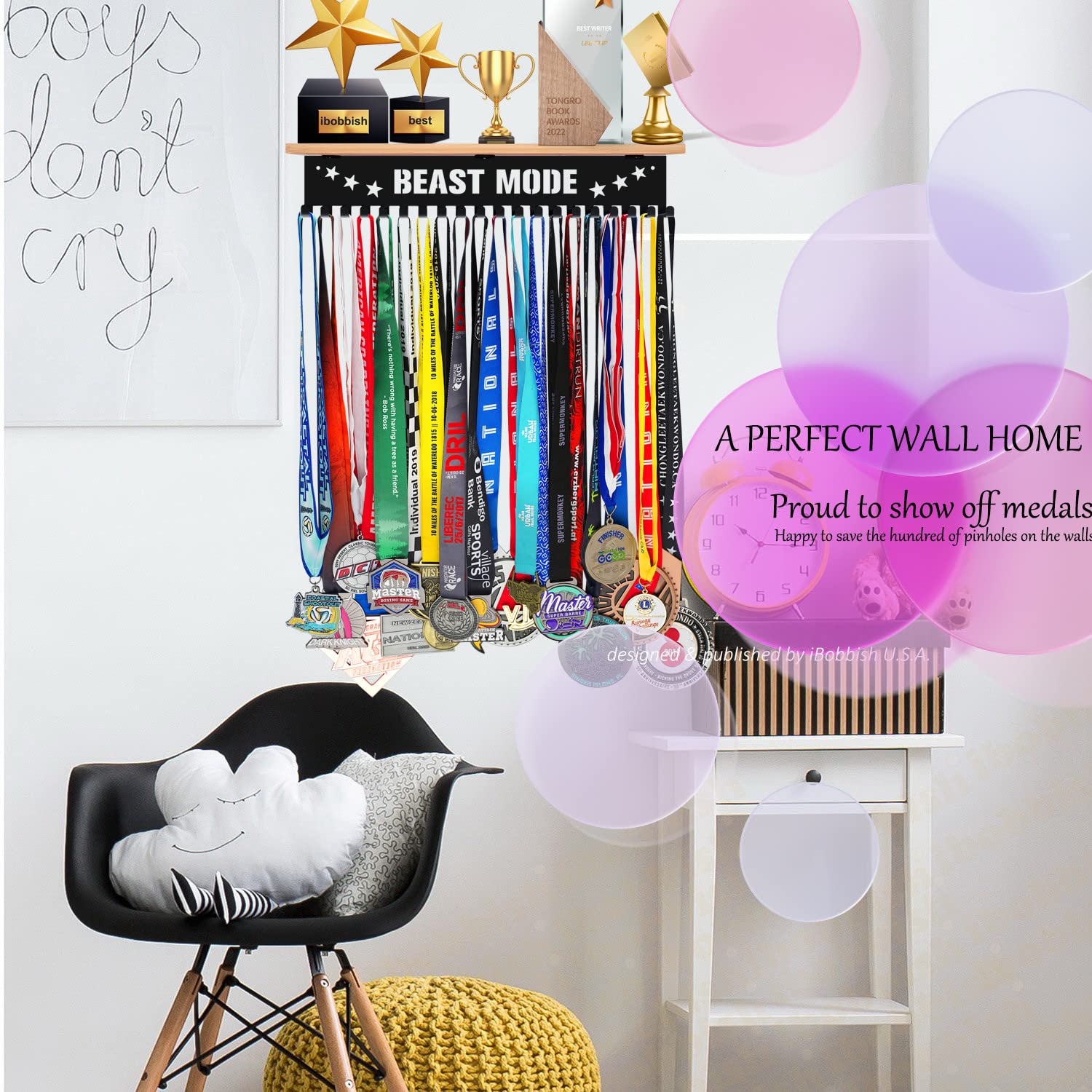 iBobbish Beast Mode Trophy and Medal Hanger Display Shelf,Trophy Medal Hanger Display in Black Metal Wall Mount Over Big Medals Trophy Display Shelf with Gifts Box