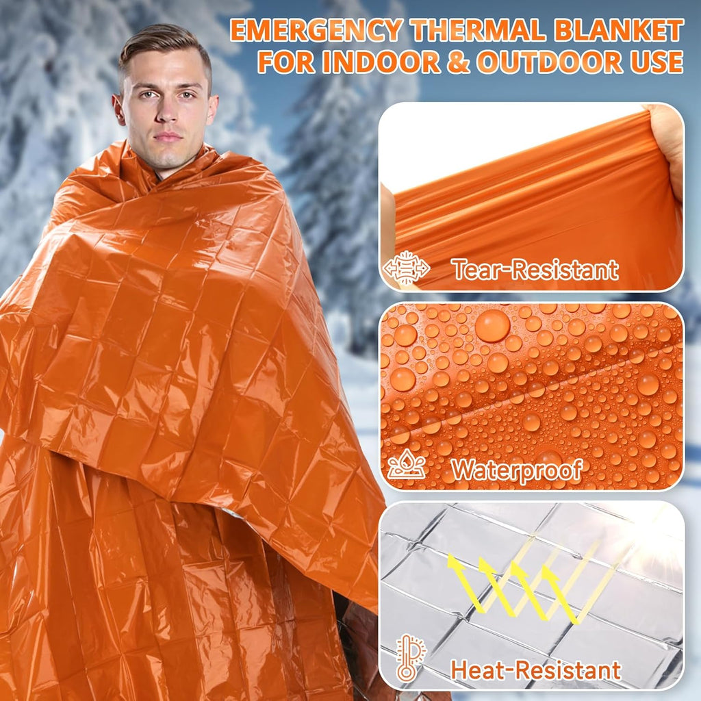 SecuCaptain Emergency Thermal Blankets - Thick 28um Mylar Kit for Cold Weather Camping | 4 Pack Orange