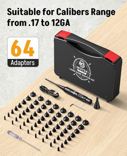 MidTen Bore Sight Laser Kit - 64 Adapters for 0.167 to 12GA Calibers | Rechargeable Green/Red Laser