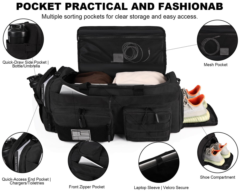 LHI 50L Tactical Duffle Bag for Men, 3-in-1 Gym Duffle and Backpack, Shoe Compartment, Laptop Sleeve and MOLLE, Carry-On Travel Weekender and Overnight Bag – Black