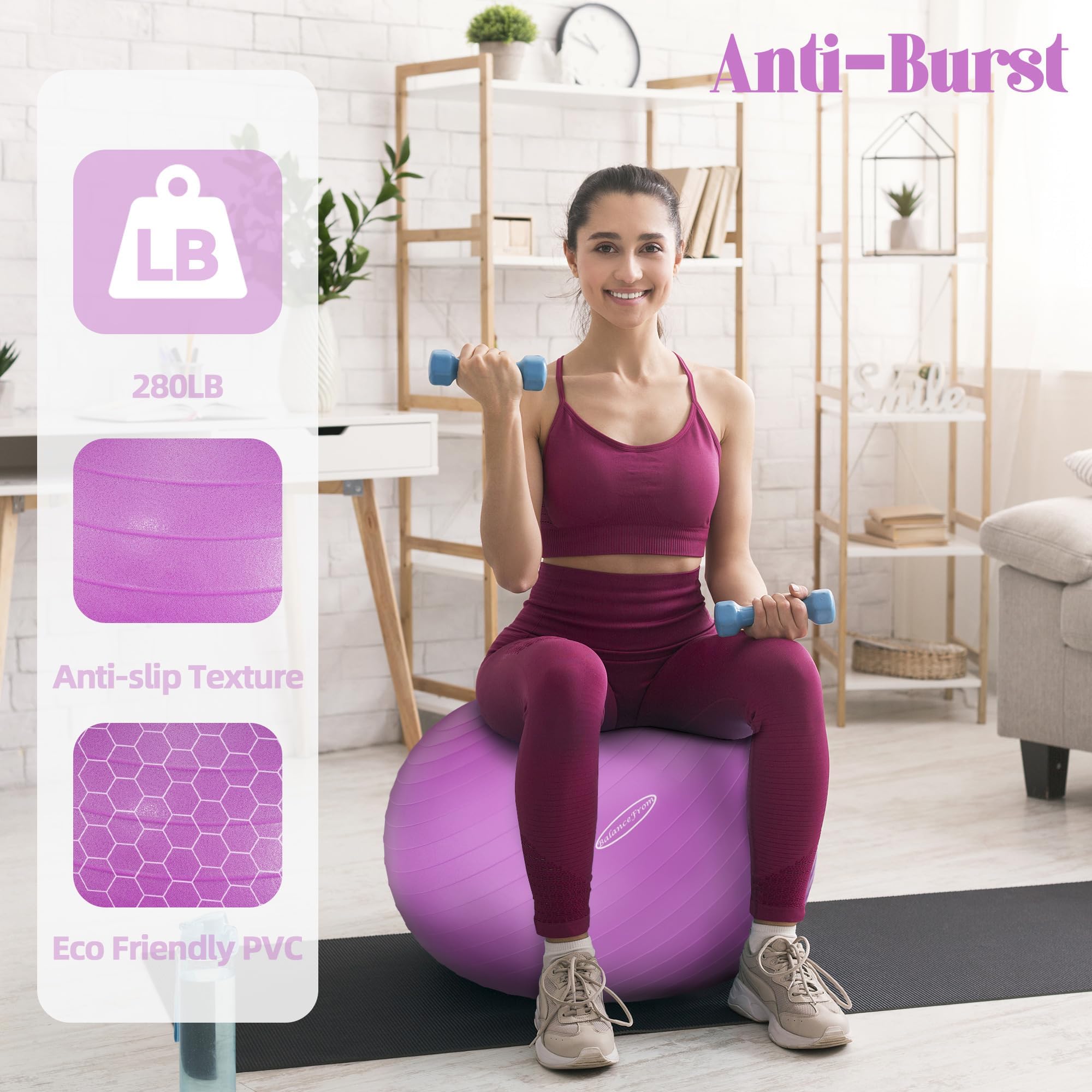 Fitvids Anti-Burst and Slip Resistant Exercise Yoga Ball for Fitness with Quick Pump – 2 – 30-inch – Purple