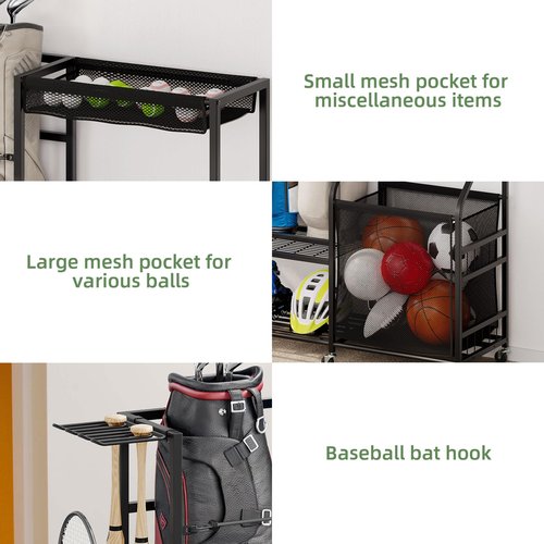 DWVO Golf Bag Organizer for Garage, Golf Storage Stand with Casters, Garage Sports Organizer for Balls, Rackets, Roller Skates and Other Sport Equipments