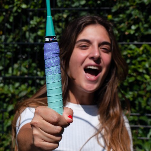 Get A Grip - Custom Tennis Racket Grip Tape - Anti-Slip/Quick-Drying Tennis Overgrips - Precut Badminton Racket Grip with Finishing Tape (Paint The Lines (Purple + Mint), 1 Grip)