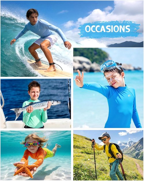 Boys' Long Sleeve Rash Guard, UPF 50+ Swim Shirt Toddler Kids, SPF UV Sun Protection Water Shirts for Beach Surf