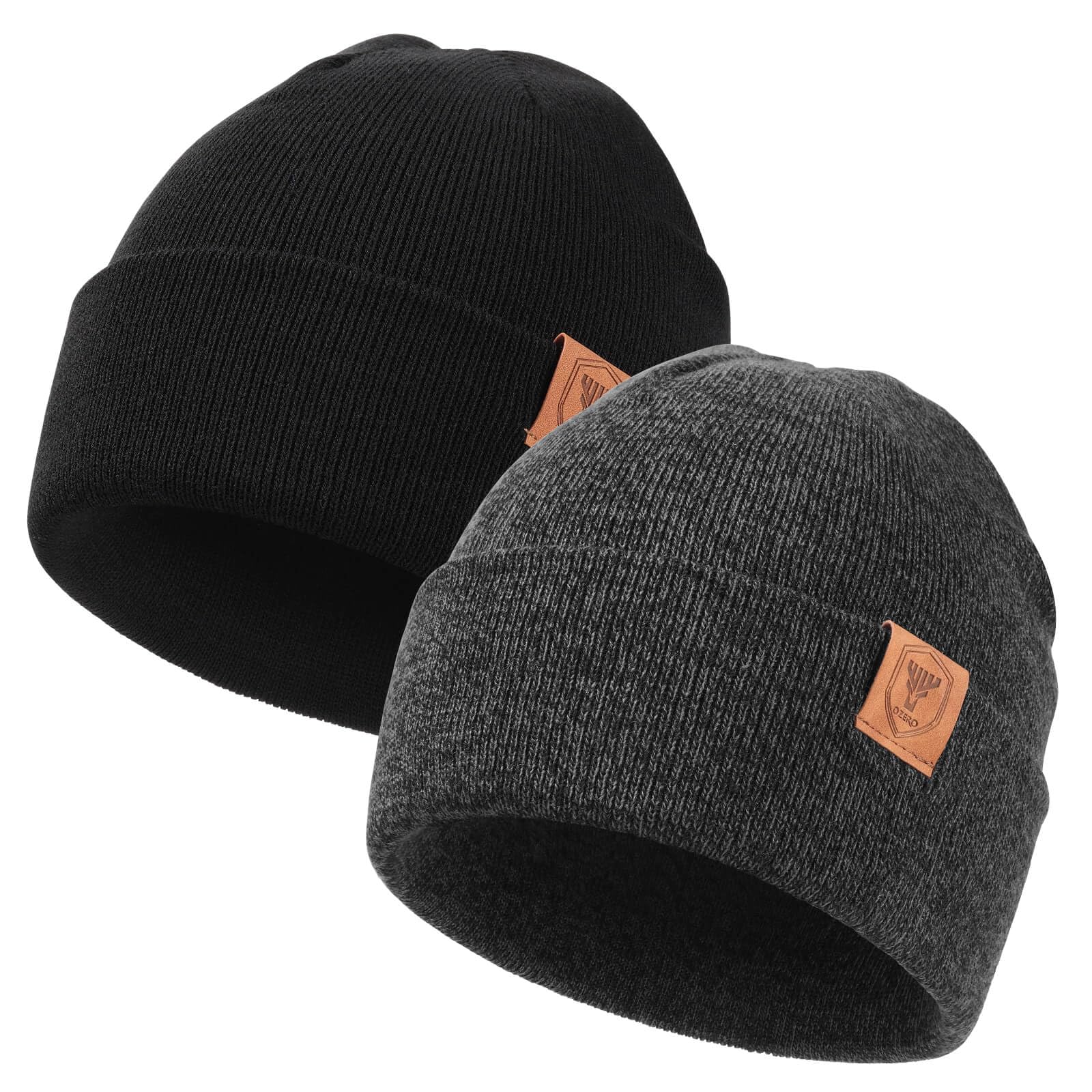 OZERO Winter Beanie for Men Women: 2-Pack Daily Knit Cuffed Hat, Skull Thermal Caps, Warm Soft for Cold Weather Black Gray