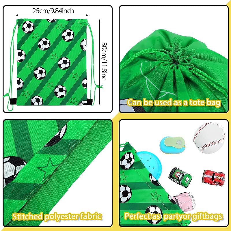 Soccer Themed 12-Pack Drawstring Gift Bags for Kids – Green Mini Soccer Party Favor Bags