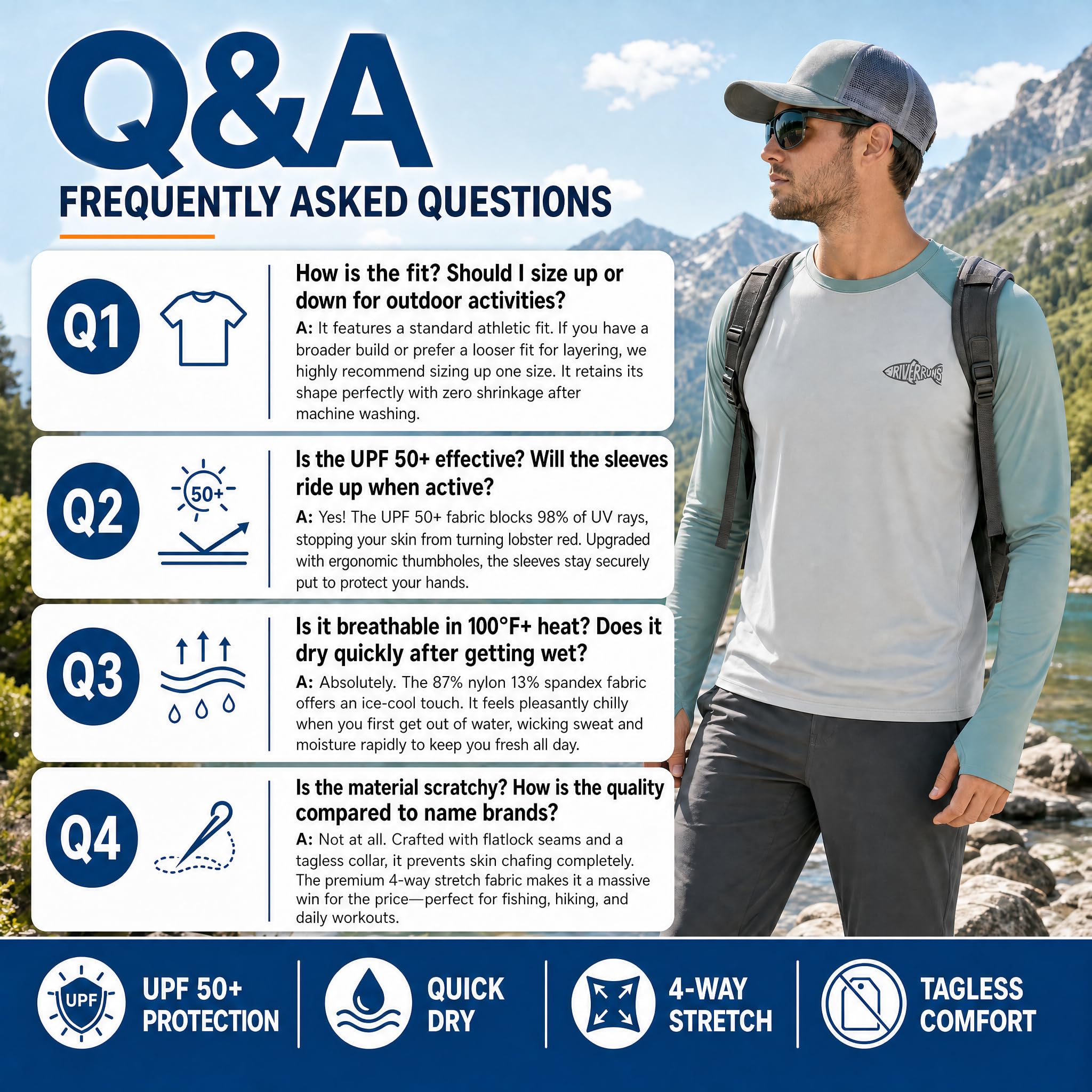 Riverruns Sun Protection Long Sleeve Shirts Rash Guard Shirts Ice-Cool Quick Dry Swim Shirt Fishing Sports Shirt, X-Large