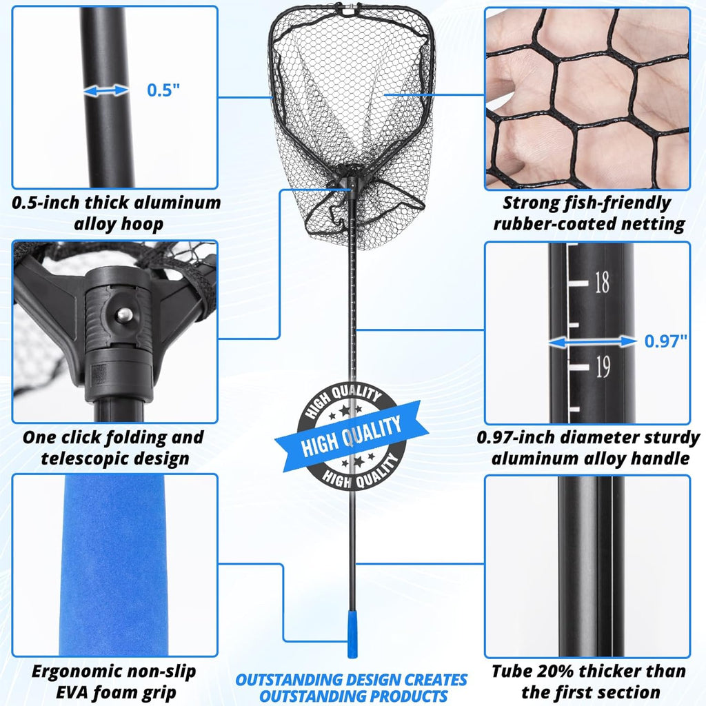 Telescoping Fishing Net by [Brand Name] - Lightweight Folding Landing Net with Rubber Netting | 56″-75″ Length, 20″ x 19″ Hoop