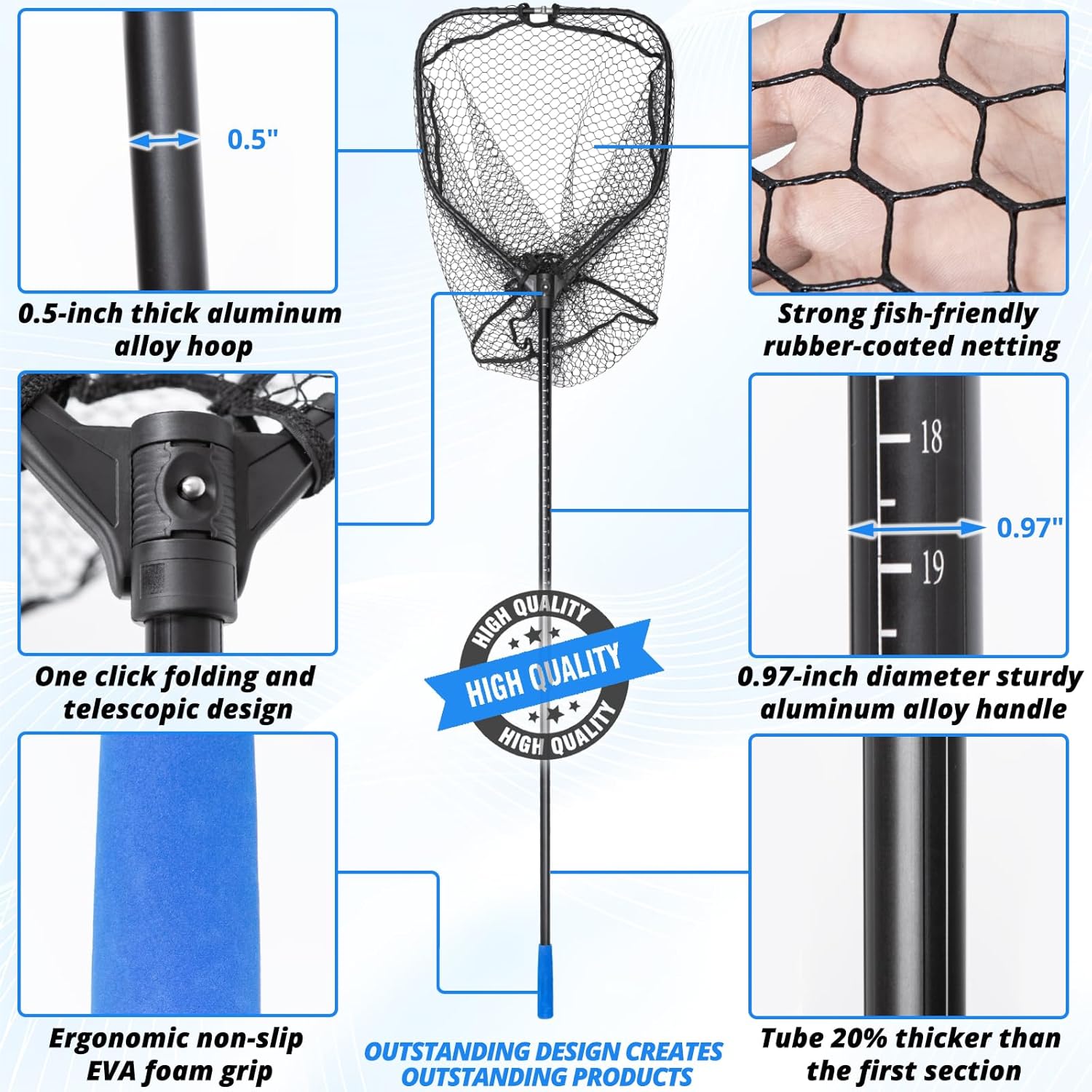 Telescoping Fishing Net by [Brand Name] - Lightweight Folding Landing Net with Rubber Netting | 56″-75″ Length, 20″ x 19″ Hoop