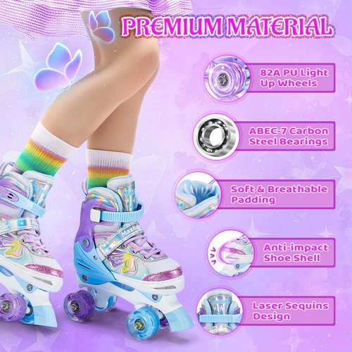 Roller Skates for Girls Boys, 4 Size Adjustable Roller Skates for Kids Toddler Youth with All Light up Wheels, Beginner Girls Skates Birthday Holiday Gifts for Indoor Outdoor (Small, Purple Blue)
