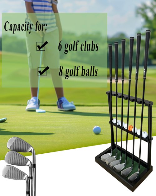 GACCO BILLIARDS Golf Club Holder Stand, Wooden Golf Putter Stand Floor Display Rack, Golf Club Organizer Hold up to 6 Clubs and Ball Storage, Putter Rack for Indoor Club Simulator or Office (Black)