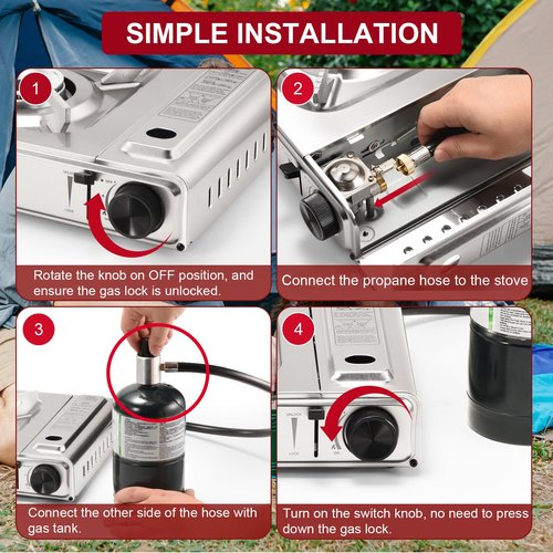 MOZODAWN Dual Fuel Camp Stove with Butane and Propane Compatibility, 10500 BTU Portable Camping Stove with Carrying Case, Storage Bag, Adapter Hose, Wind Guard, Outdoor Camping Essentials