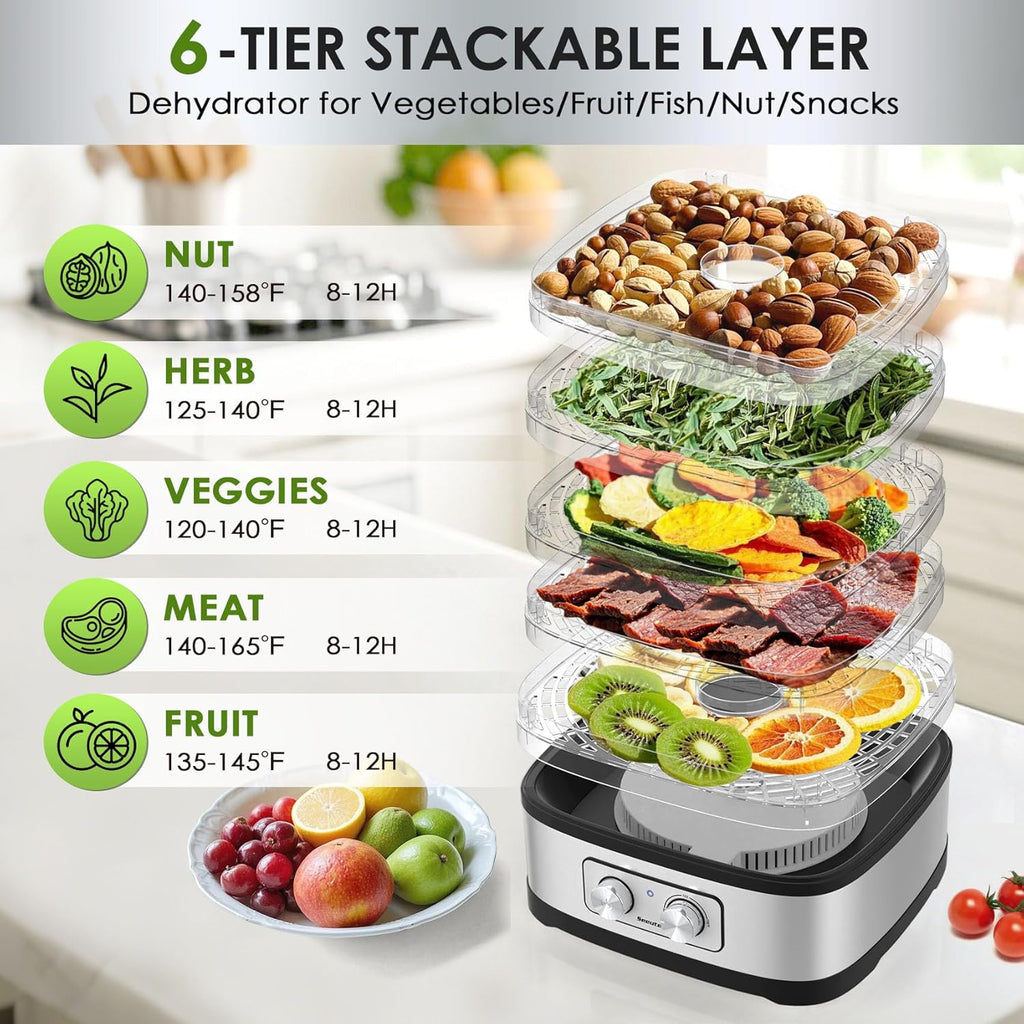 Seeutek Food Dehydrator - 5 BPA-Free Trays with Adjustable Temperature Control | Perfect for Jerky, Fruits, Vegetables, Includes Recipe Book & Storage Bags
