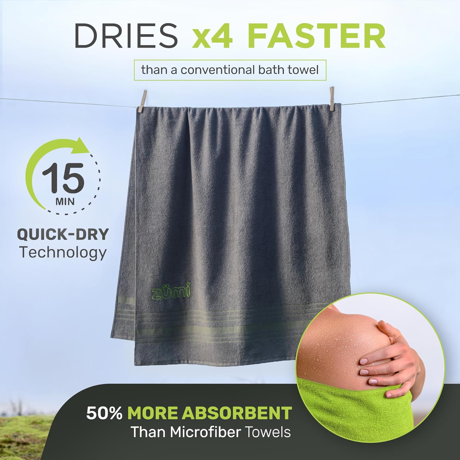 Zumi 100% Cotton Quick Dry Travel Towel - Soft, Compact & Highly Absorbent | Gray, Ideal for Beach & Gym