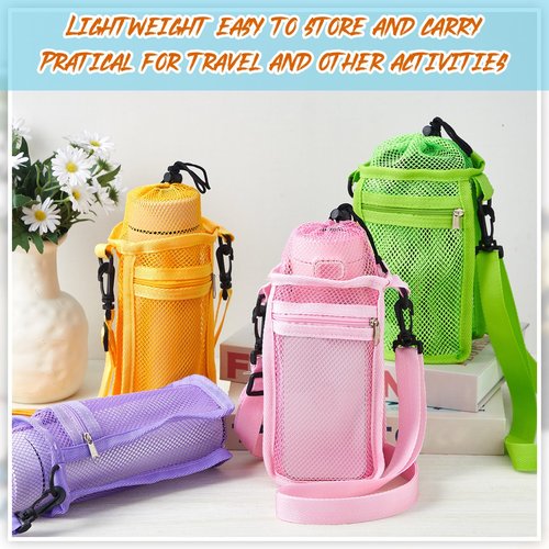 Berlune 4 Pcs Water Bottle Holder with Strap Drawstring Water Bottle Carrier with Zipper Pocket Adjustable Shoulder Mesh Sling Bag for Hiking Walking Camping Travel (4 Colors)