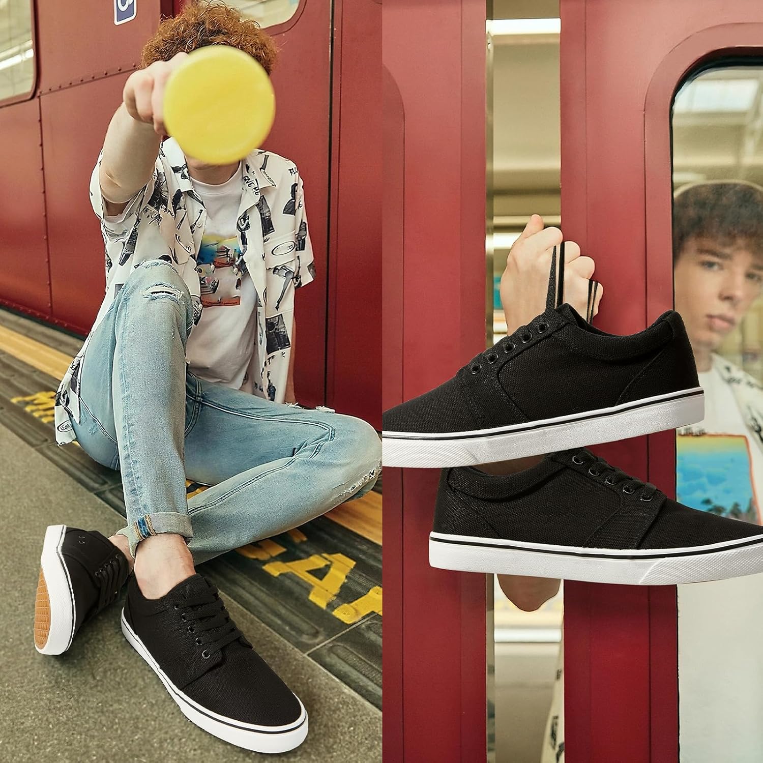 BENPAO Men's Casual Sneakers - Stylish Low Top Lace-Up Canvas Shoes in White and Black