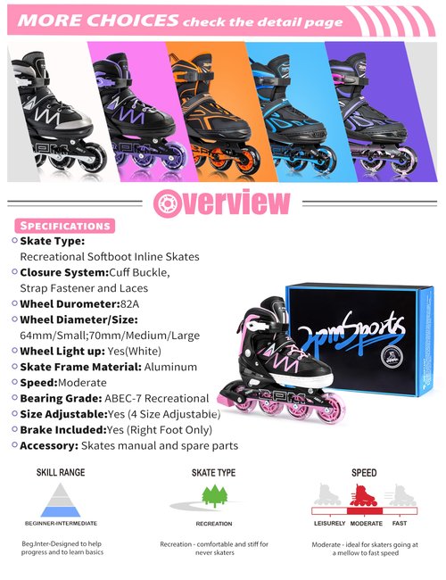 2PM SPORTS Boys Adjustable Inline Skates with Full Light Up Wheels, Fun Beginner Roller Skates for Kids Girls Youth - Pink Large
