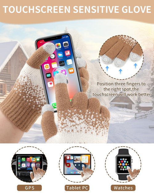 AWAYTR Winter Hat Gloves Scarf Set for Women, 3 Pcs Knit Beanie Touchscreen Gloves Long Scarf Cold Weather Set, Khaki
