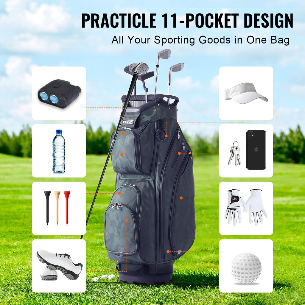 VEVOR Golf Cart Bag with 14 Way Organizer Divider Top, Premium Cart Bag with Stand, Durable Golf Bags with Handles & Dust Cover & Detachable Dual Strap for Men & Women (Army Green, 10 Pockets)