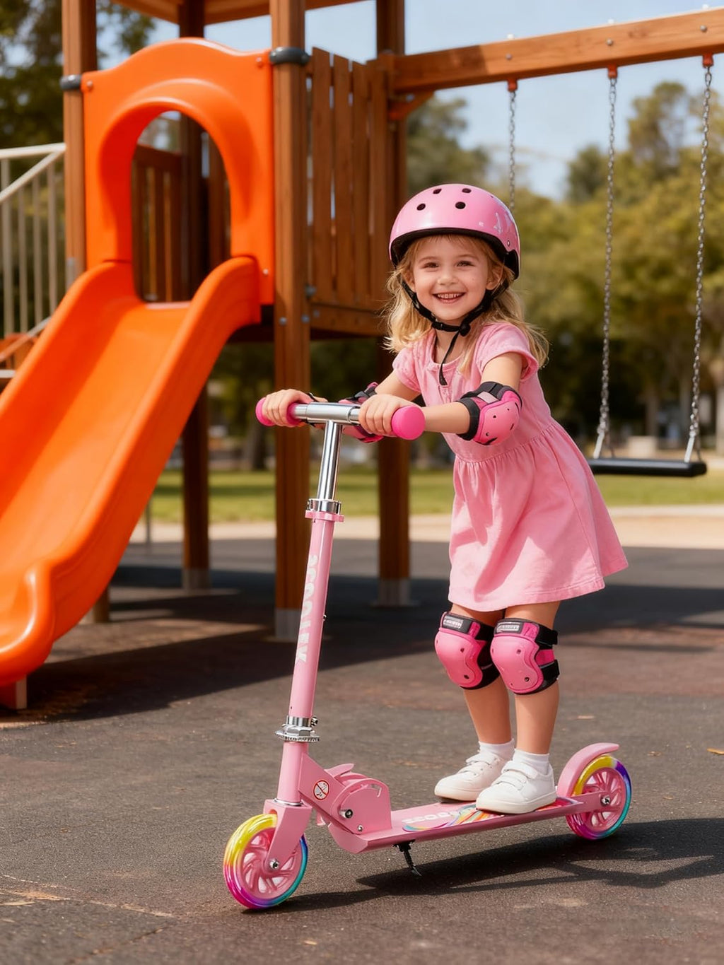 Skiennix Kids Kick Scooter - Adjustable 3-Level Height, LED Light-Up, Lightweight Foldable - Girly Pink