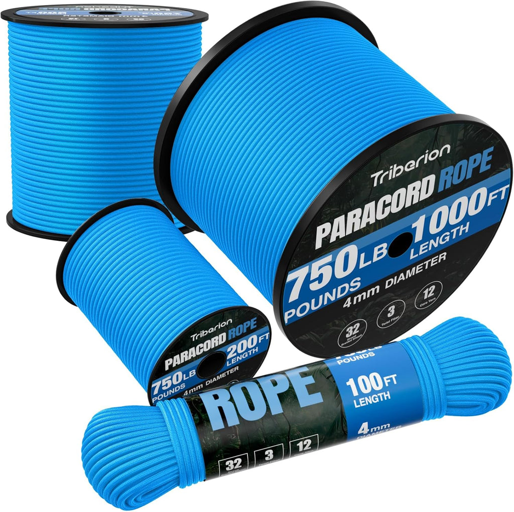 Paracord 750 lb - 100ft 5/32" Heavy Duty Parachute Cord | Durable 12-Strand Survival Rope - Blue