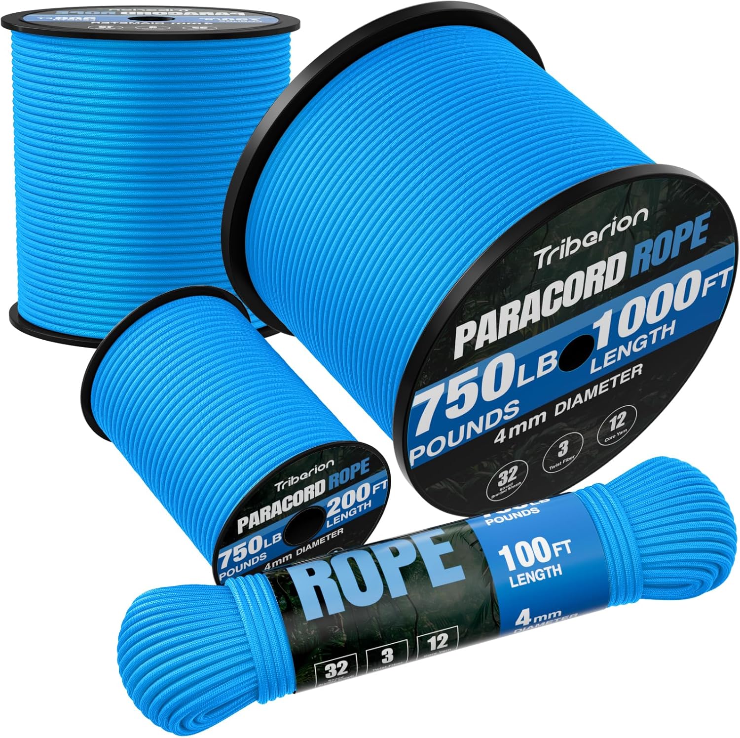 Paracord 750 lb - 100ft 5/32" Heavy Duty Parachute Cord | Durable 12-Strand Survival Rope - Blue