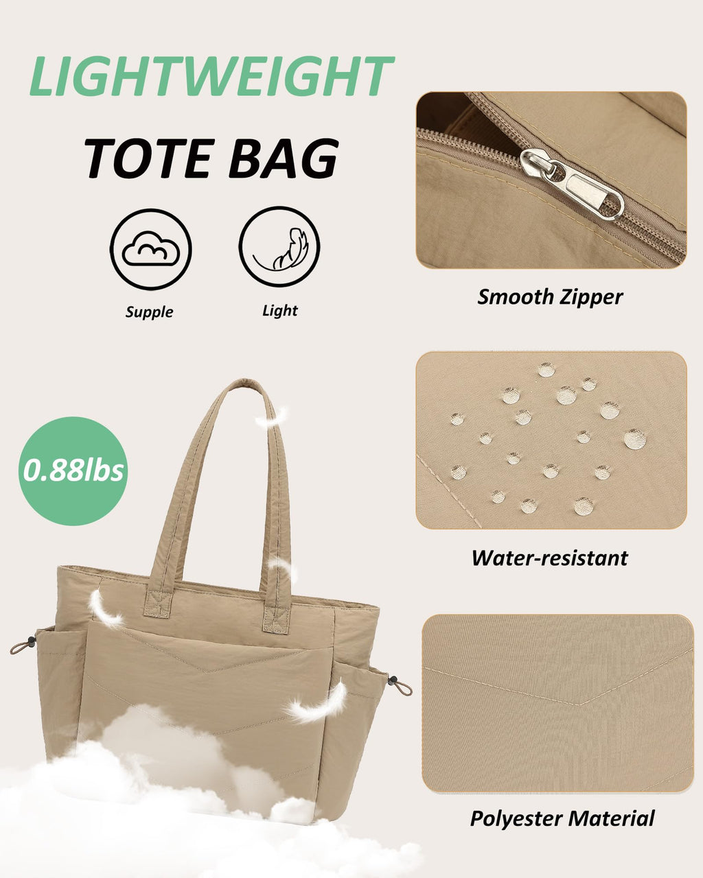 TANTOMI Tote Bag for Women Puffer Tote Bag with Zipper, Qulited Shoulder Bag Lightweight Handbags for Work Travel School Gym