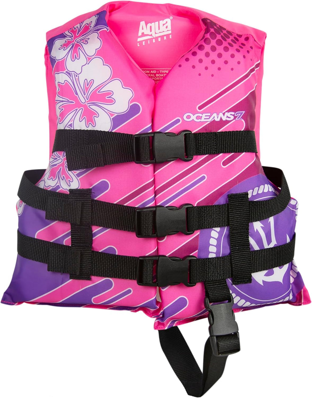 Oceans7 Kids Life Jacket - US Coast Guard-Approved Type III PFD | Flexible-Fit Open-Sided Design - Pink/Berry 30-50 lbs