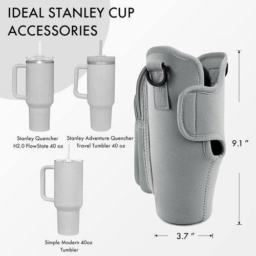 JEBEALUO Water Bottle Carrier Bag with Phone Pocket for Stanley Cup 40/30 oz, Water Bottle Holder with Adjustable Strap& Straw Cover, Stanley Cup Accessories