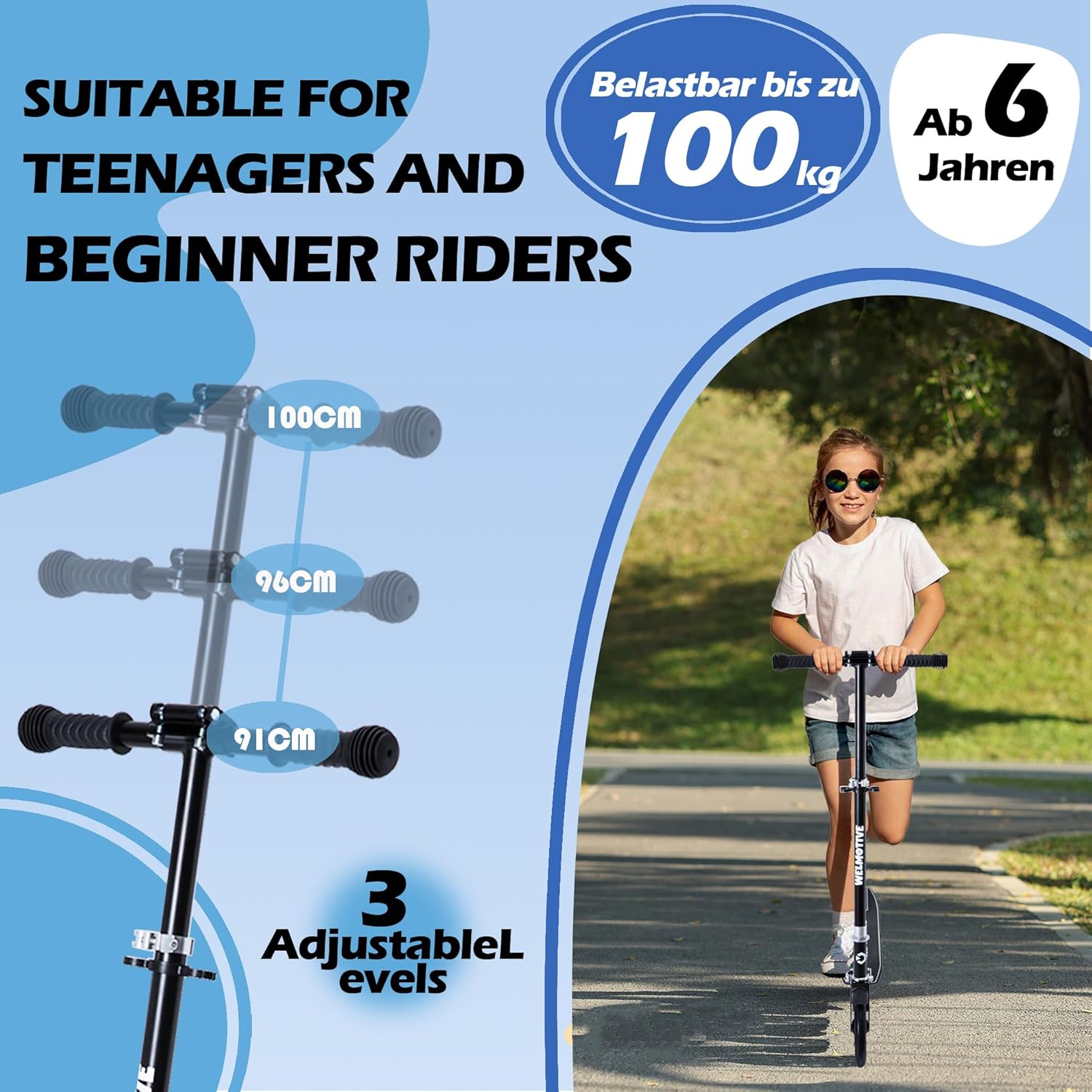 Skiennix Kick Scooter - Adjustable Handlebars & Rear Brake | Foldable Big Wheel Design for Kids & Teens