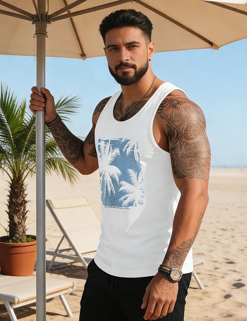 Gosuif Tank Tops Men Graphic Mens Beach Tank Tops for Men Summer Palm Tree Printed Hawaiian Sleeveless Workout Shirts for Men Muscle Gym Running Tank Top for Men White X-Large