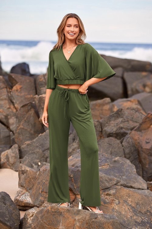 PRETTYGARDEN 2 Piece Outfits for Women Summer Casual Short Sleeve Wrap V Neck Crop Tops Wide Leg Pants Set (Army Green,Medium)