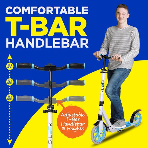 SereneLife Kick Scooter for Adults, Teens, and Kids – 2-Wheel Folding Scooter with Adjustable T-Bar, Anti-Slip Alloy Deck, Carry Strap, White