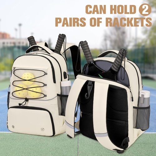 Bevalsa Pickleball Bag Backpack for Women Men Teens, Tennis Backpack Tennis Bag with Shoe Compartment, Multifunctional Sports Padel Racket Bag Badminton Backpack Fits 4 Rackets with Fence Hook (Beige)
