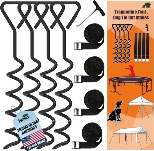EURMAX USA Windproof Trampoline Stakes Anchor Kit | Heavy-Duty 4-Piece Steel Corkscrew Set for Secure Weatherproof Protection
