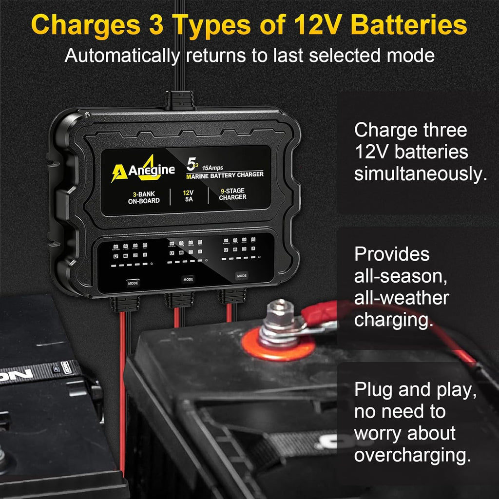 3 Bank Marine Battery Charger - 12V (5A/Bank) Waterproof LCD Onboard Charger with Overcharge Protection & Temperature Compensation for Lead-Acid, AGM, EFB, LiFePO4, Lithium | Ideal for Boat, Car, RV