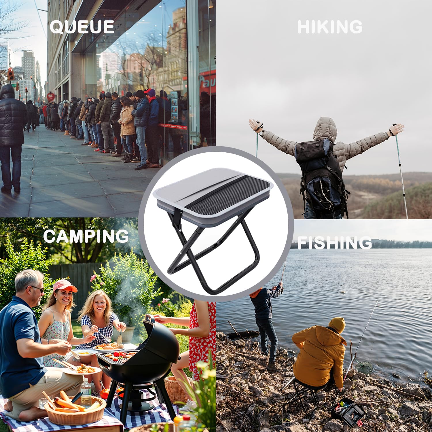 Portable Stool, Pocket Chair Fishing Stool, Large Size Adjustable Shoulder Strap Folding Stool, 2026 New Ultralight Foldable Stools with Carrying Bag for Hiking, Fishing, Camping, Picnic (Gray-Black)